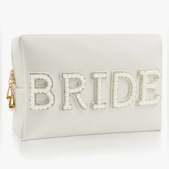 ♥️ Makeup Bag Bride Engagement Gift White Pearl Rhinestone Travel Toiletry Bag - Picture 1 of 6